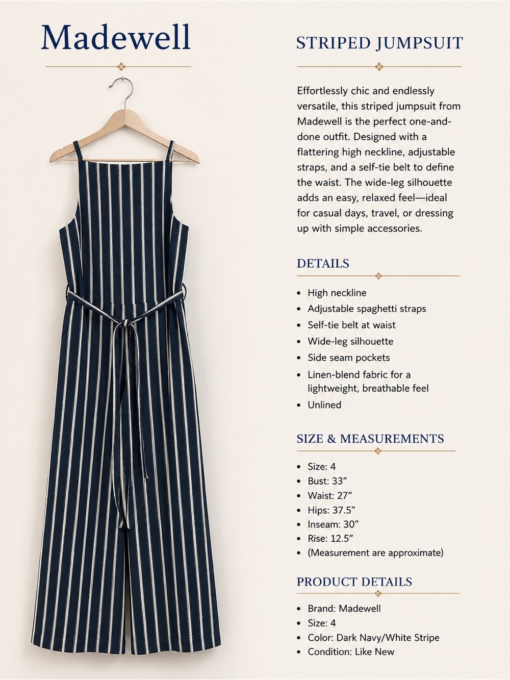 Madewell Navy & White Vertical-Stripe Wide-Leg Jumpsuit
